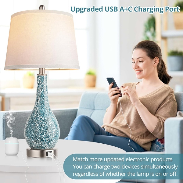 Blue Table Lamps for Bedroom Set of 2 with USB A C Ports 26 Coastal Large Nightstand Lamp White Shade LED Bulb Included